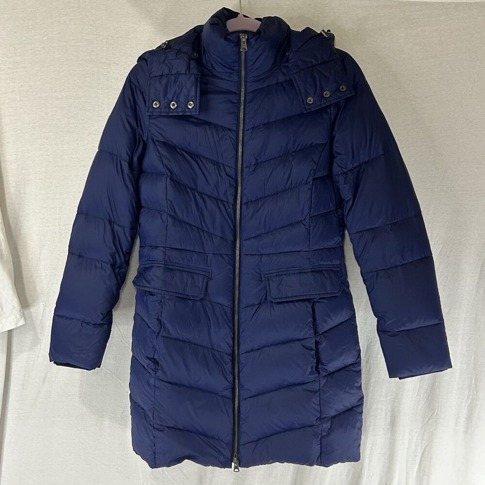 LANDS END GOOSE DOWN-PUFFER COAT WITH HOOD BLUE LONG LENGTH WOMANS SIZE XS NWT